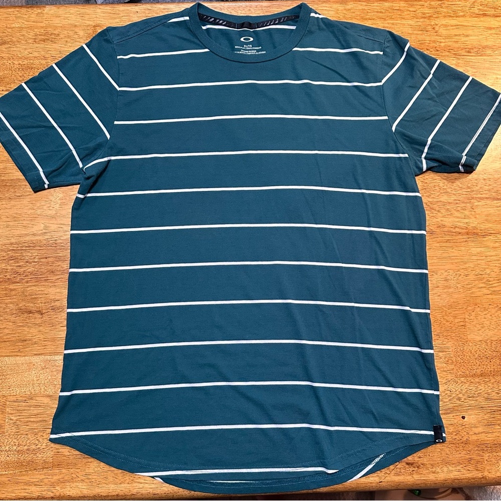 Oakley Teal and White Striped Short Sleeve Tee